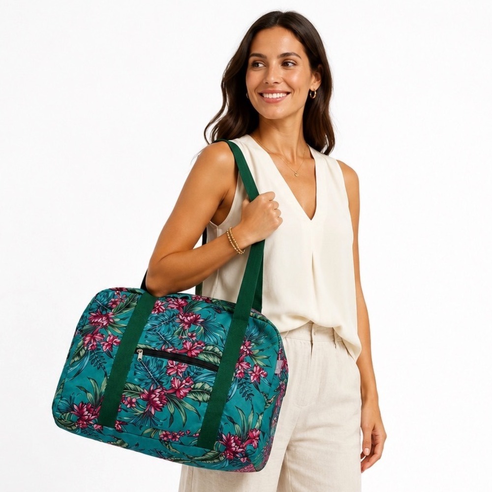 CEDON Easy Travelbag Green Tropical Floral Foldable Weekend Bag NWT 115-51